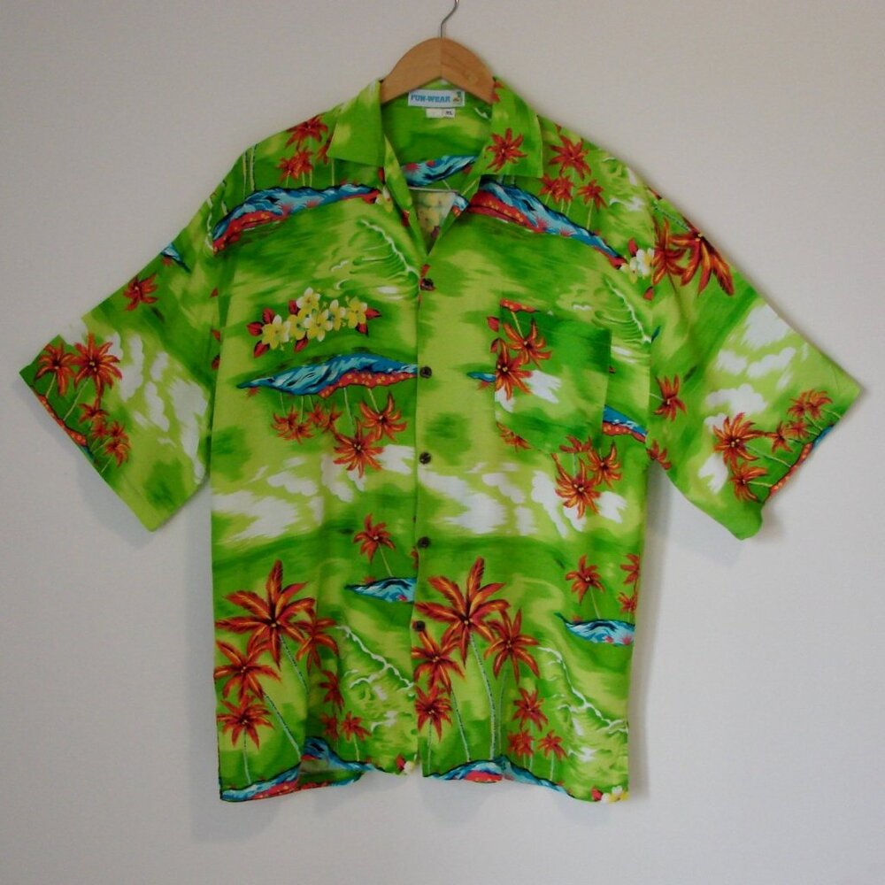 Hawaiian Shirt Floral Palm Trees Button Down Bright Colours Green Orange Size XL